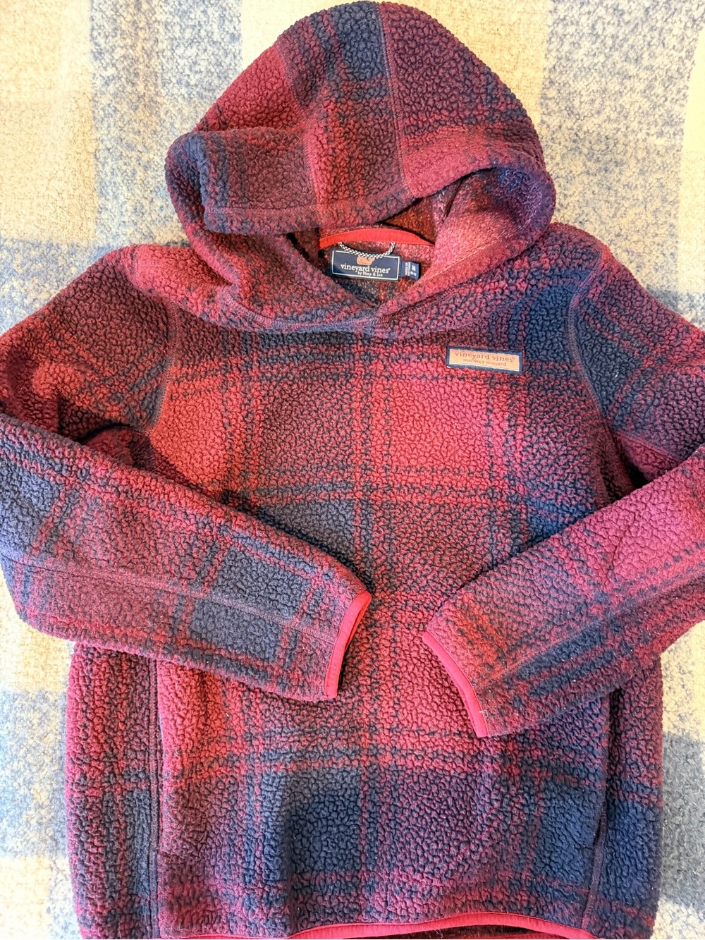Vineyard Vines Sherpa Hooded Pullover Burgundy & Navy Plaid Kids Medium VGUC